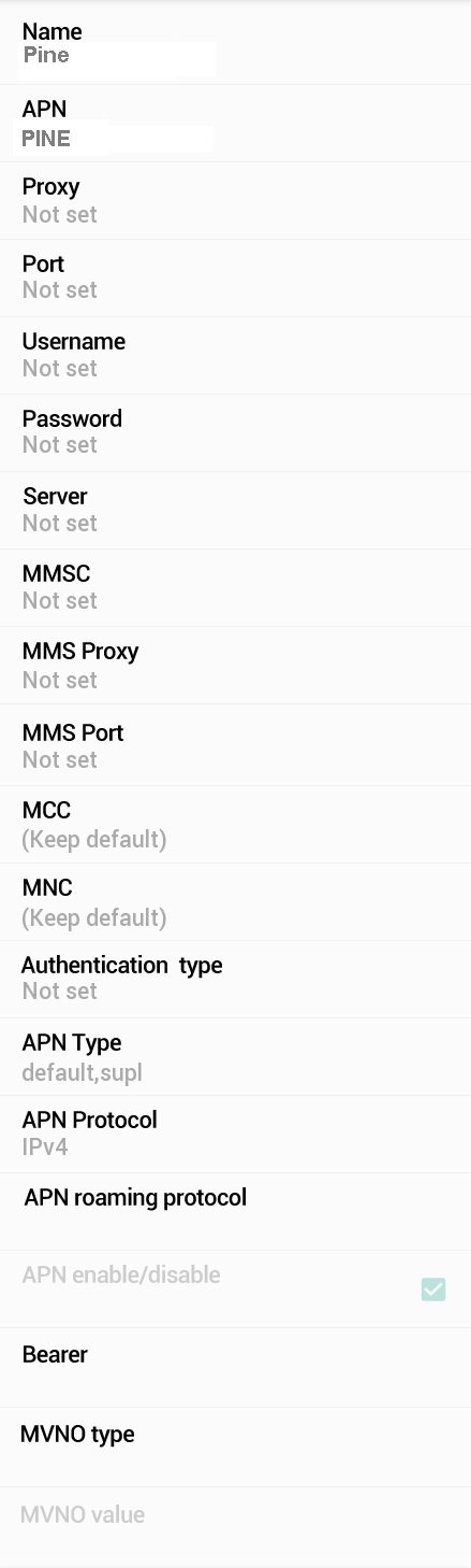 Pine Cellular APN Settings for Android