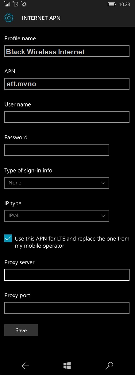 Black Wireless APN Settings for Windows phone