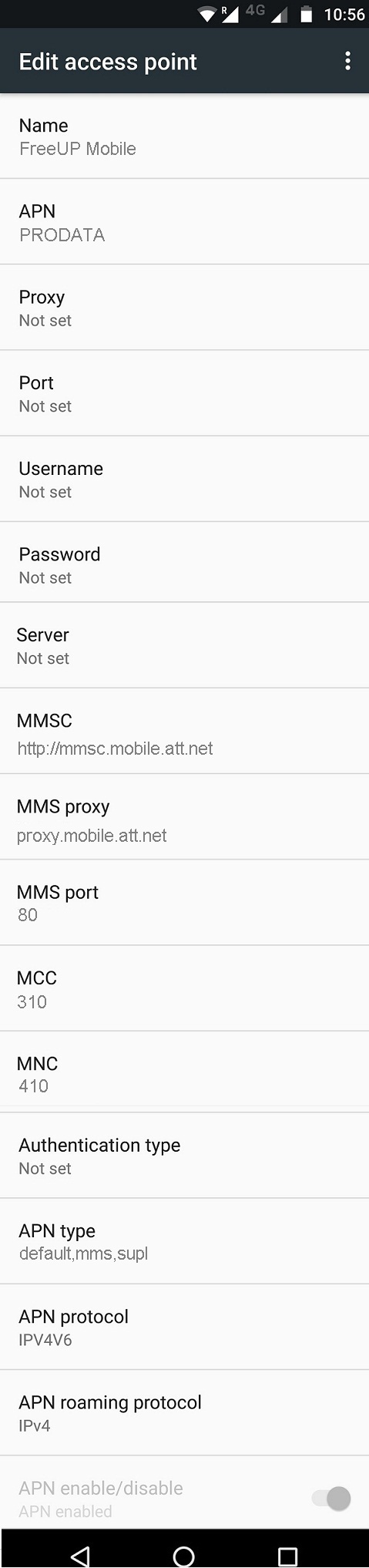 FreeUP Mobile APN Settings