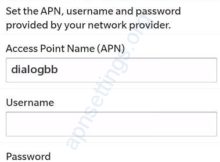 Dialog Internet APN Settings for Blackberry