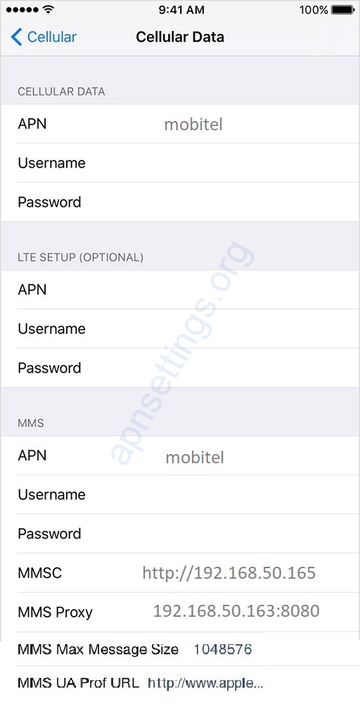 Mobitel APN Settings for iPhone