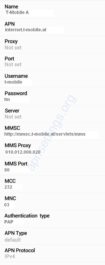 T-Mobile Austria APN Settings for Android HTC Galaxy