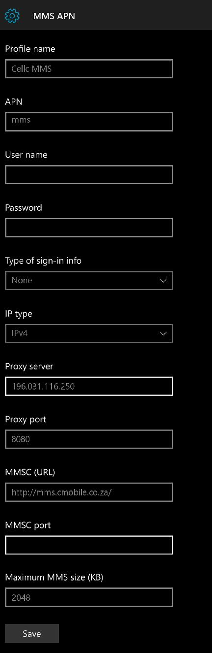 Cell C MMS Settings for Windows Phone 10
