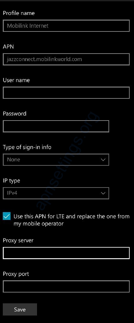 Mobilink 3G GPRS Settings for Windows Phone 10