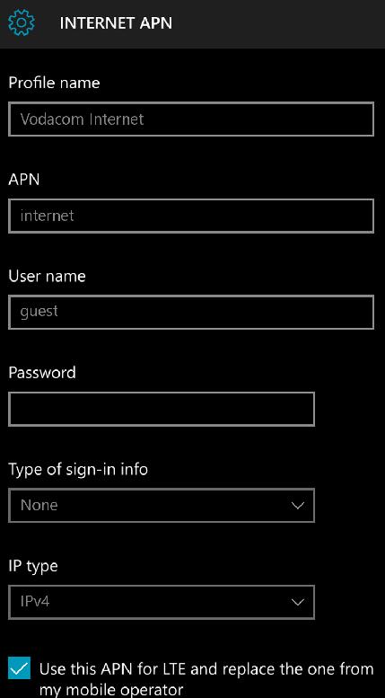 Vodacom LTE APN Settings for Windows Phone10
