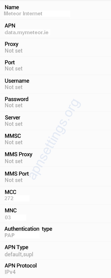 Meteor 4G APN Settings for Android HTC Galaxy