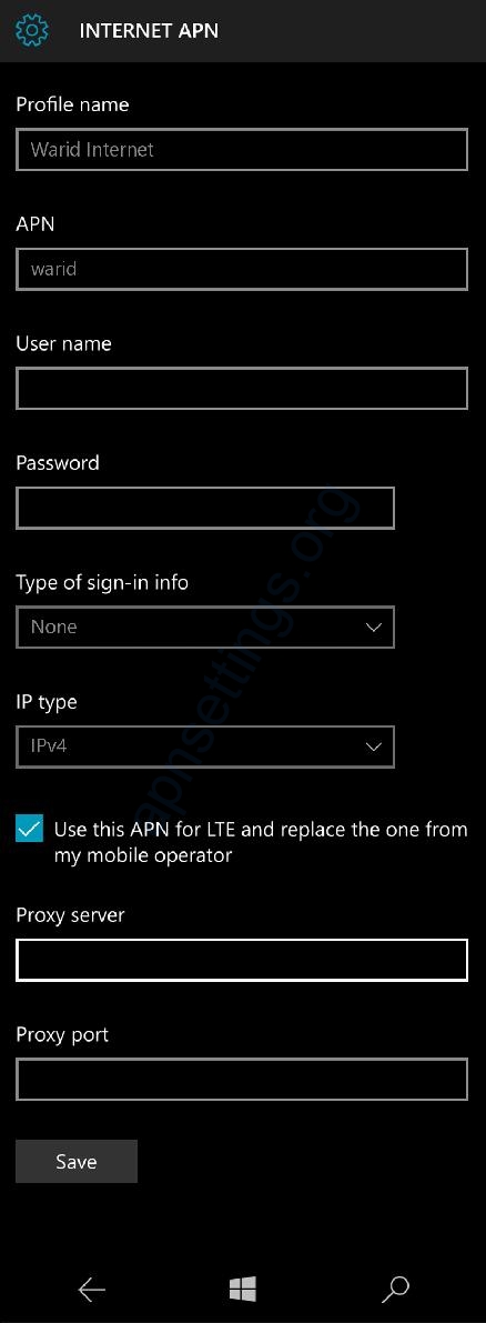 Warid 4G APN for Windows Phone 10