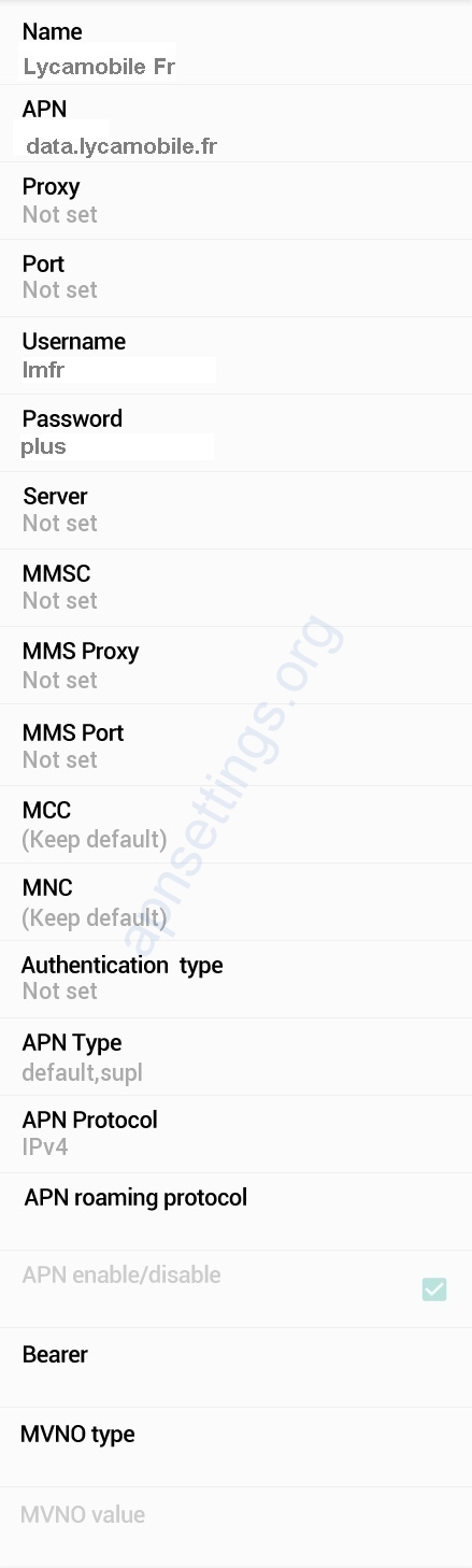Lycamobile France APN Settings Android