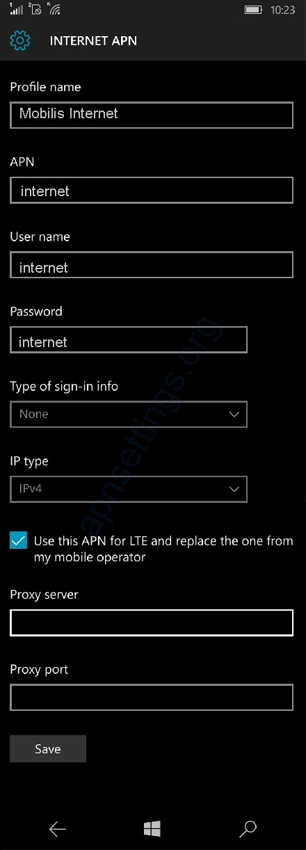 Mobilis APN Settings for Windows Phone