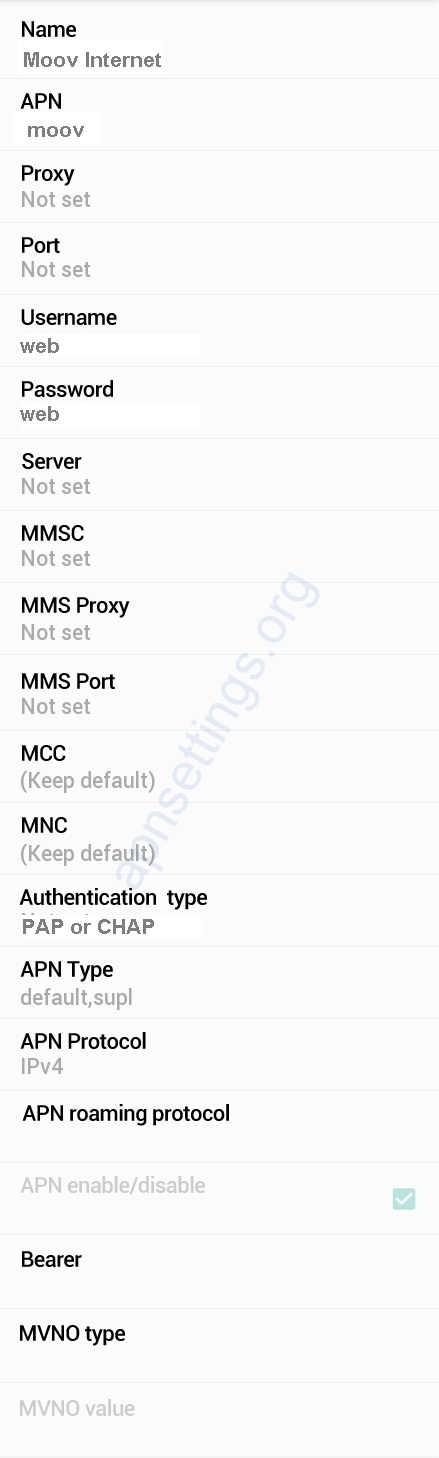Moov CI APN Settings for Android