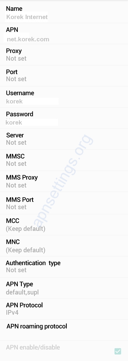 Korek 3G APN Settings for Android