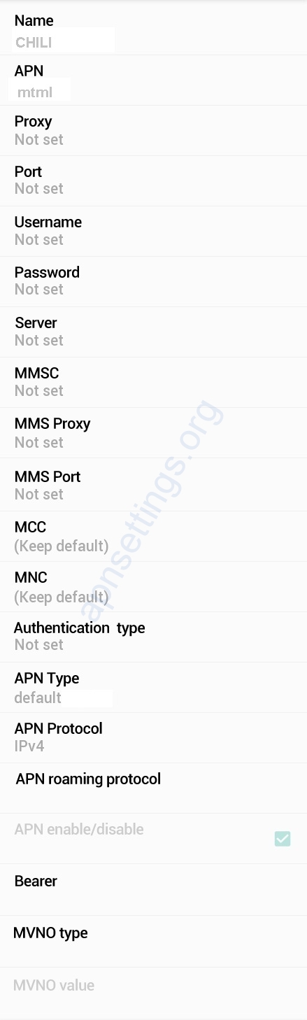 Configuración de Internet móvil de MTML CHILI Mauricio