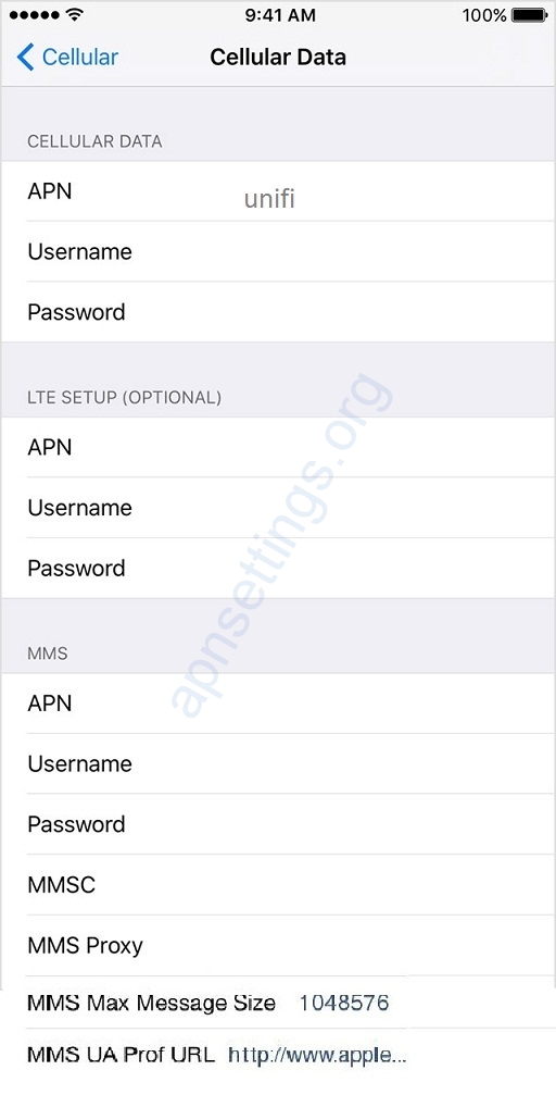 Unifi APN Settings for iPhone iPad